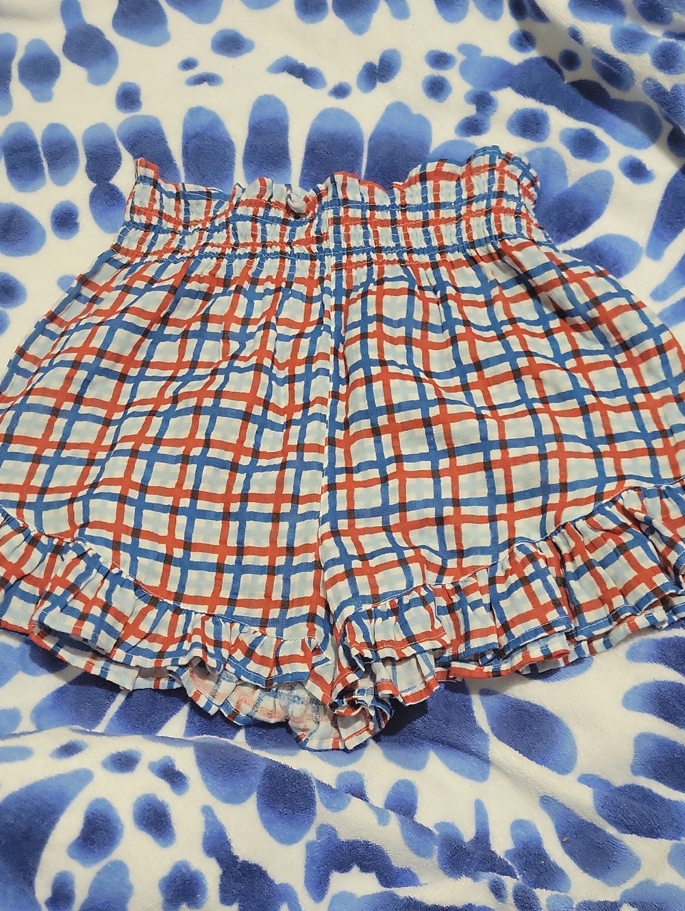 Gianni Bini Women's L Blue and Red Plaid Ruffle Hem High-Waist Shorts